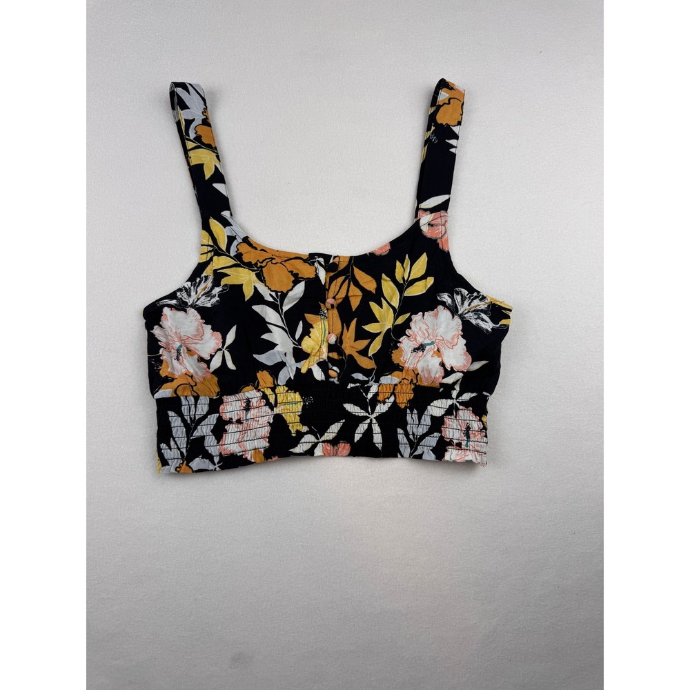 Roxy Women's Floral Crop Tank‎ Top XS Button Front Smocked Tropical